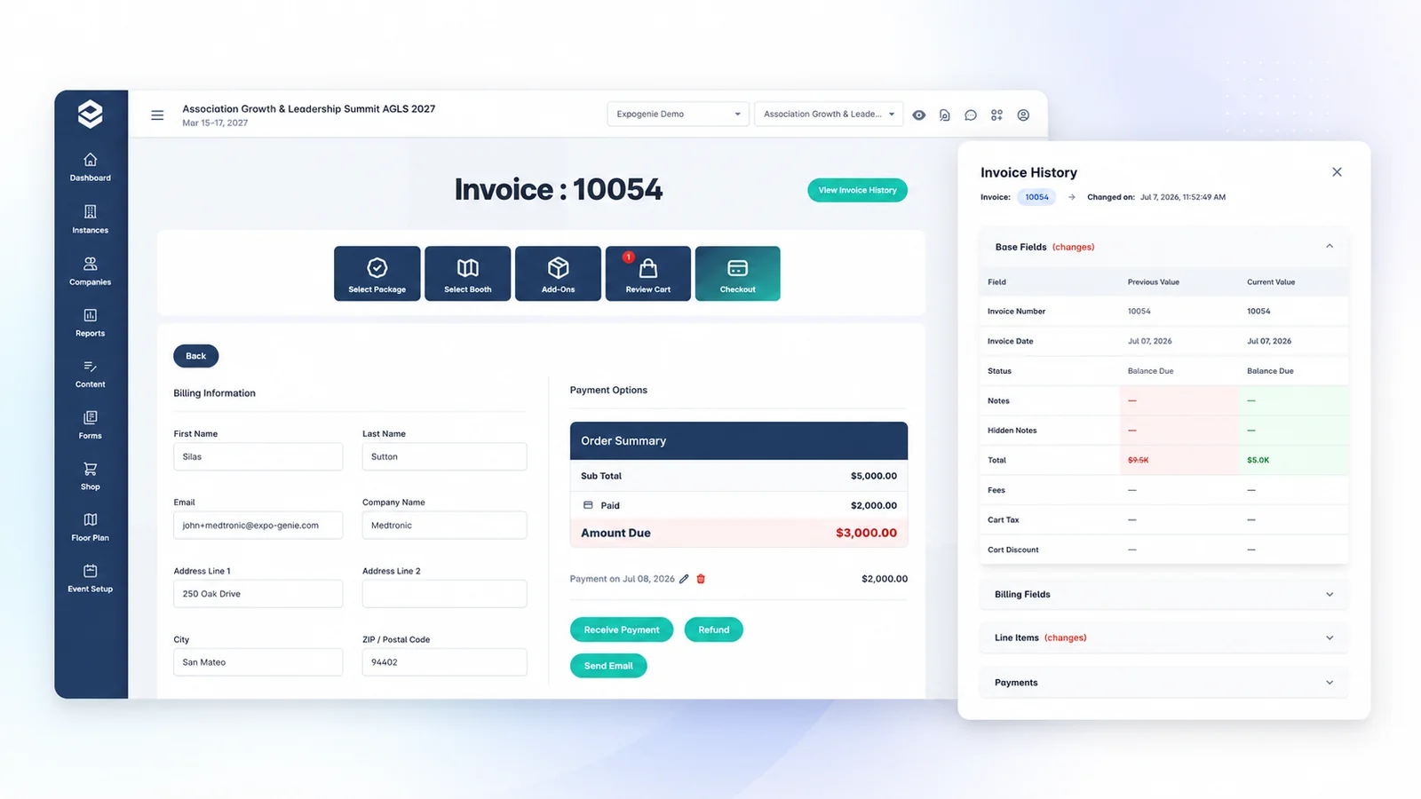Invoice detail showing order summary, refund, and invoice change history in ExpoGenie