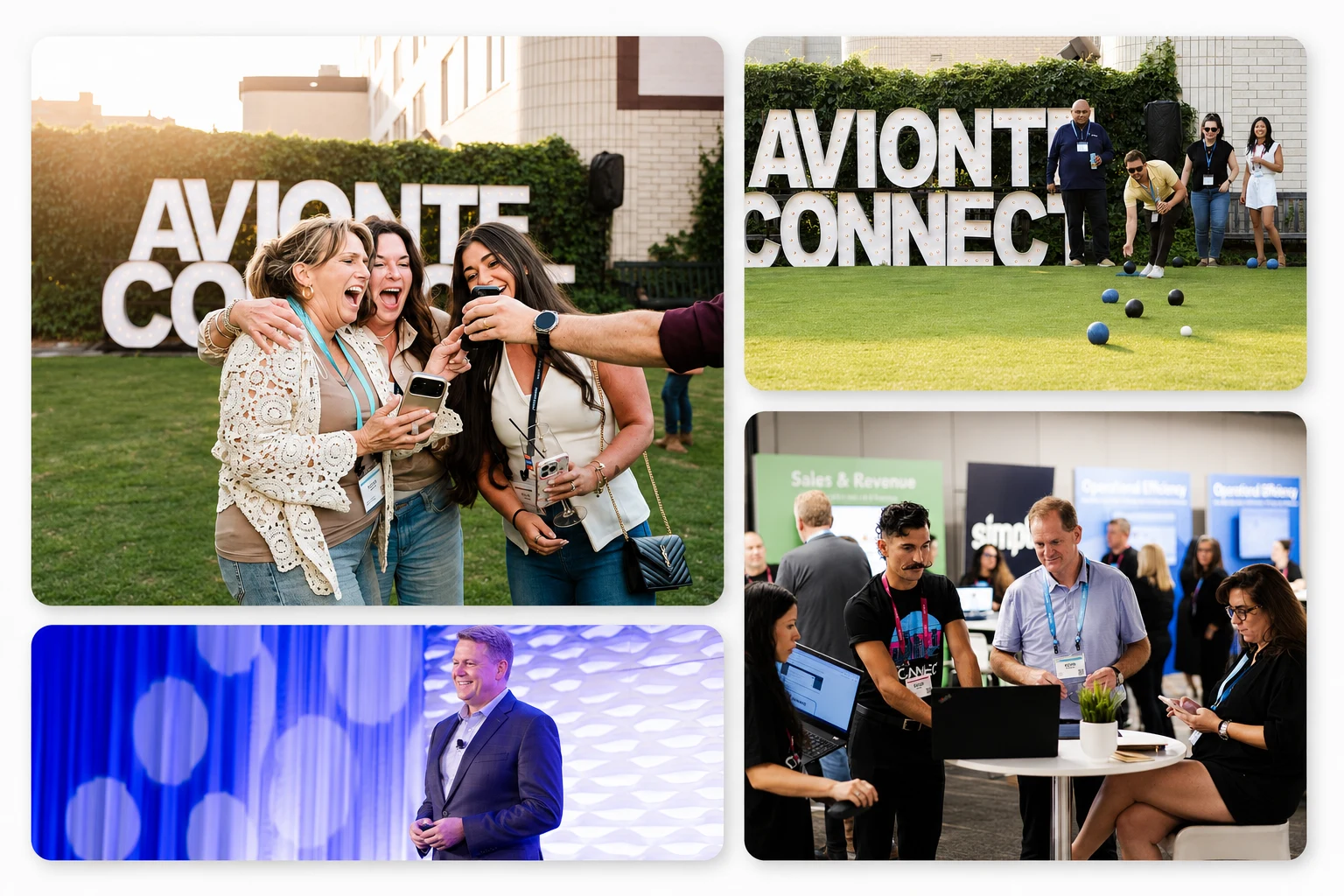Attendees, exhibitors and a keynote session at the Avionté CONNECT conference
